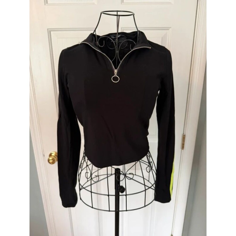 Fashion Nova black cropped quarter zip top with neon green stripe
